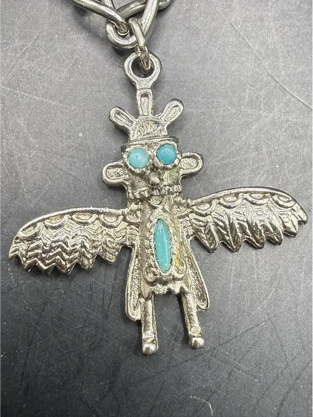 Vintage Tibetan Silver Toned Charm Bracelet - 5 Turquoise Inlay Figural Charms